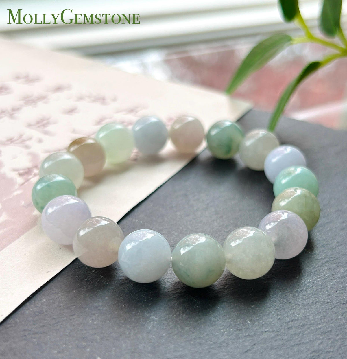 Natural Burmese Jadeite Bracelet Type A, Icy Glutinous Translucent RARE Dusty Rose & Pastel Multicolor Jade, 11mm Beads