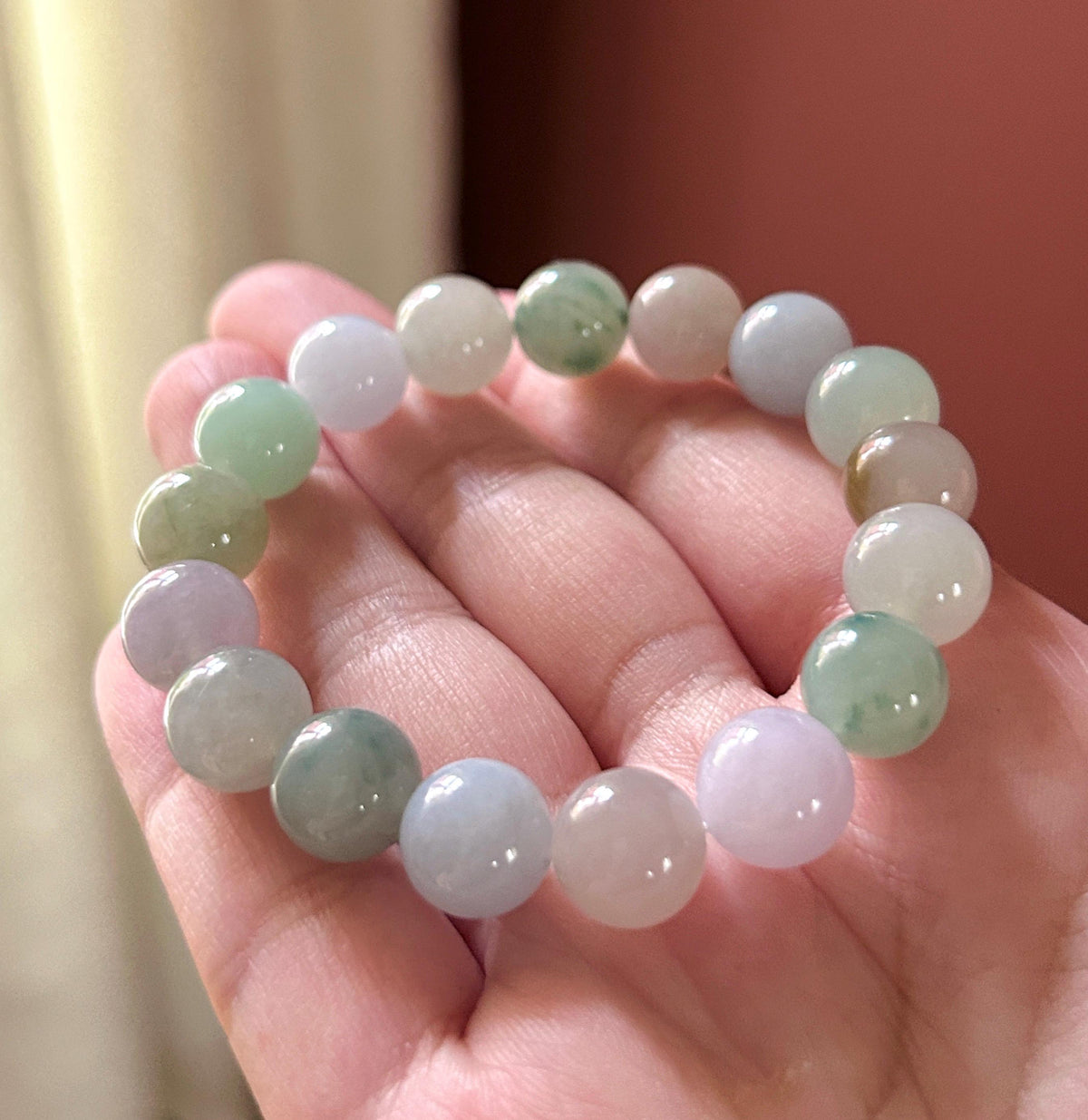 Natural Burmese Jadeite Bracelet Type A, Icy Glutinous Translucent RARE Dusty Rose & Pastel Multicolor Jade, 11mm Beads