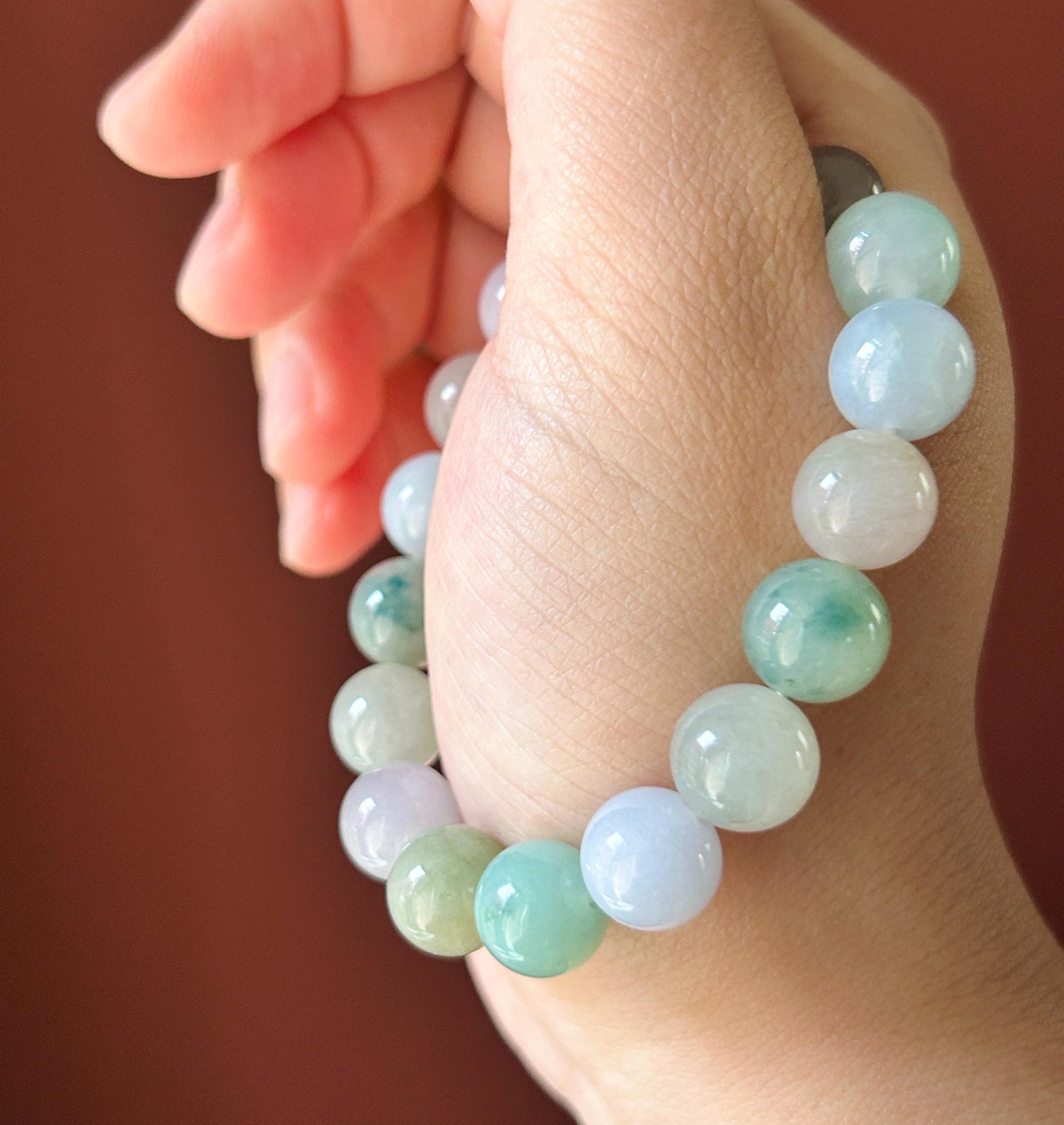 Natural Burmese Jadeite Bracelet Type A, Icy Glutinous Translucent RARE Dusty Rose & Pastel Multicolor Jade, 11mm Beads