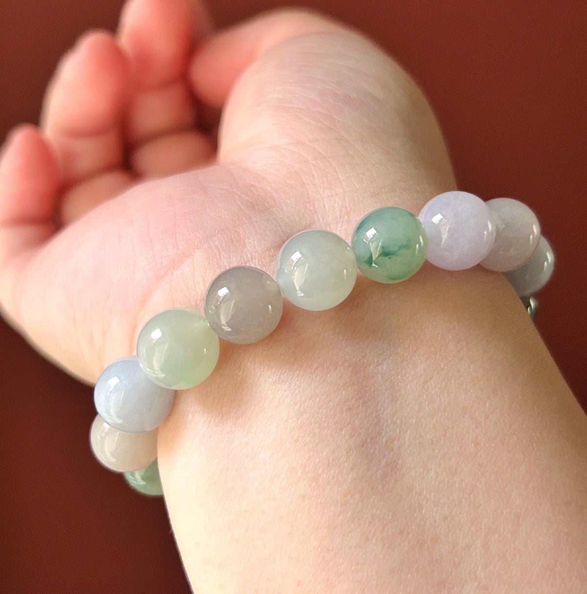Natural Burmese Jadeite Bracelet Type A, Icy Glutinous Translucent RARE Dusty Rose & Pastel Multicolor Jade, 11mm Beads