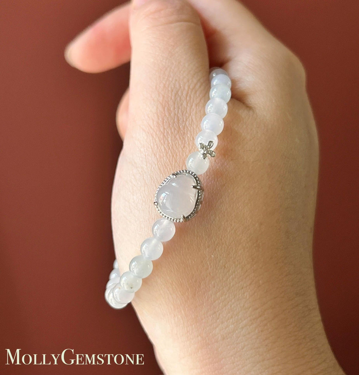 Natural Burmese Jadeite Bracelet Type A, Highly Translucent Icy White Jade, 5.6mm Beads, Lucky Hulu Charm in Sterling Silver