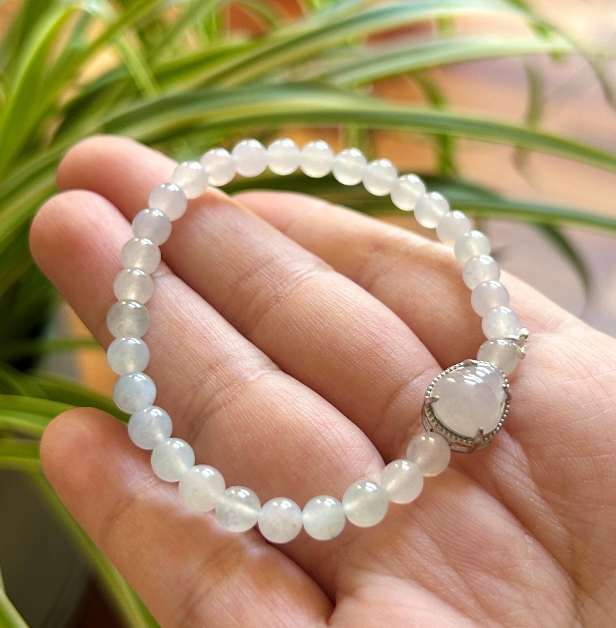 Natural Burmese Jadeite Bracelet Type A, Highly Translucent Icy White Jade, 5.6mm Beads, Lucky Hulu Charm in Sterling Silver