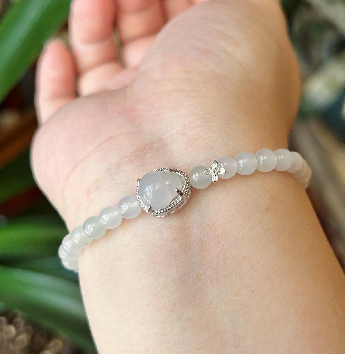 Natural Burmese Jadeite Bracelet Type A, Highly Translucent Icy White Jade, 5.6mm Beads, Lucky Hulu Charm in Sterling Silver