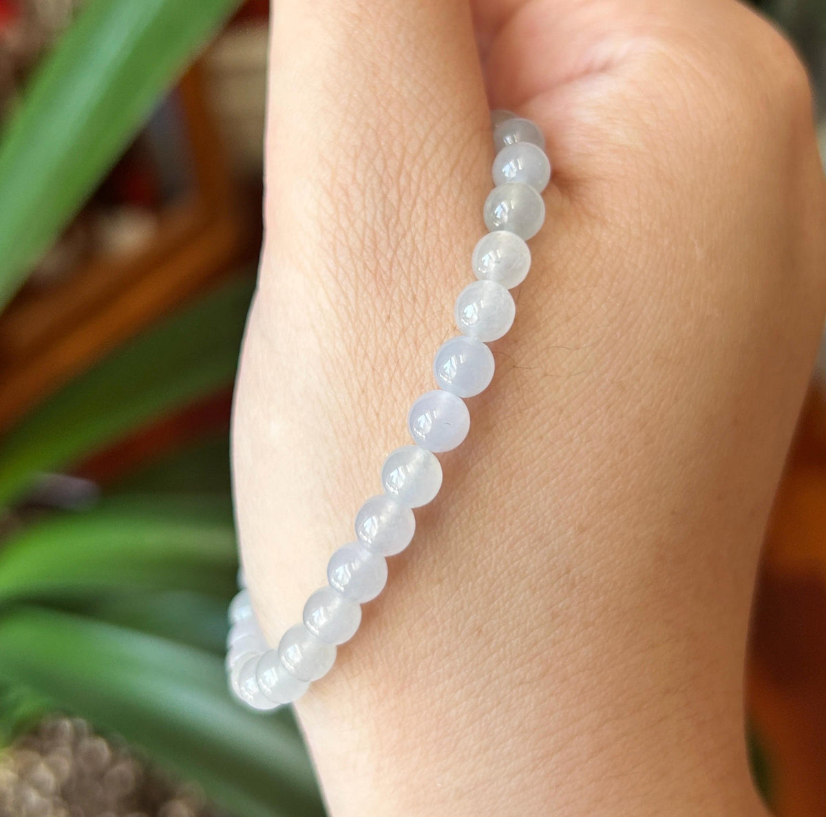 Natural Burmese Jadeite Bracelet Type A, Highly Translucent Icy White Jade, 5.6mm Beads, Lucky Hulu Charm in Sterling Silver