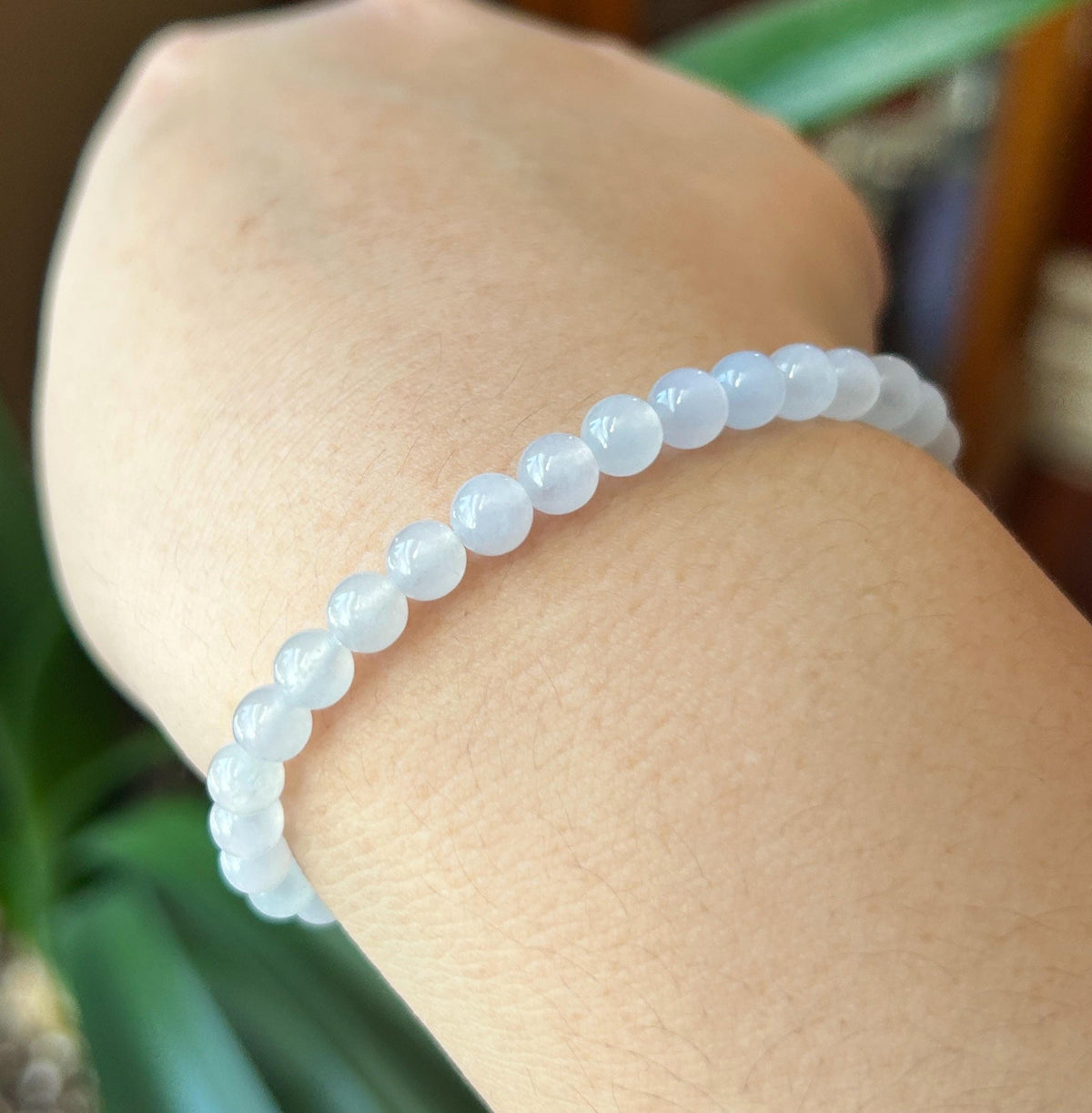 Natural Burmese Jadeite Bracelet Type A, Highly Translucent Icy White Jade, 5.6mm Beads, Lucky Hulu Charm in Sterling Silver