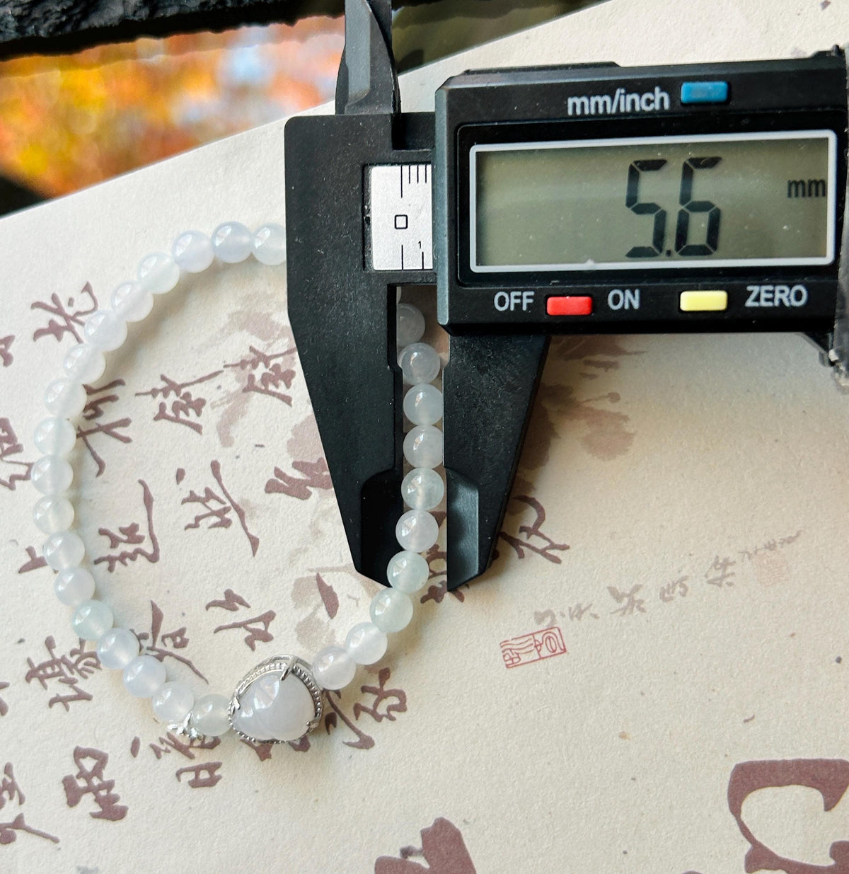 Natural Burmese Jadeite Bracelet Type A, Highly Translucent Icy White Jade, 5.6mm Beads, Lucky Hulu Charm in Sterling Silver