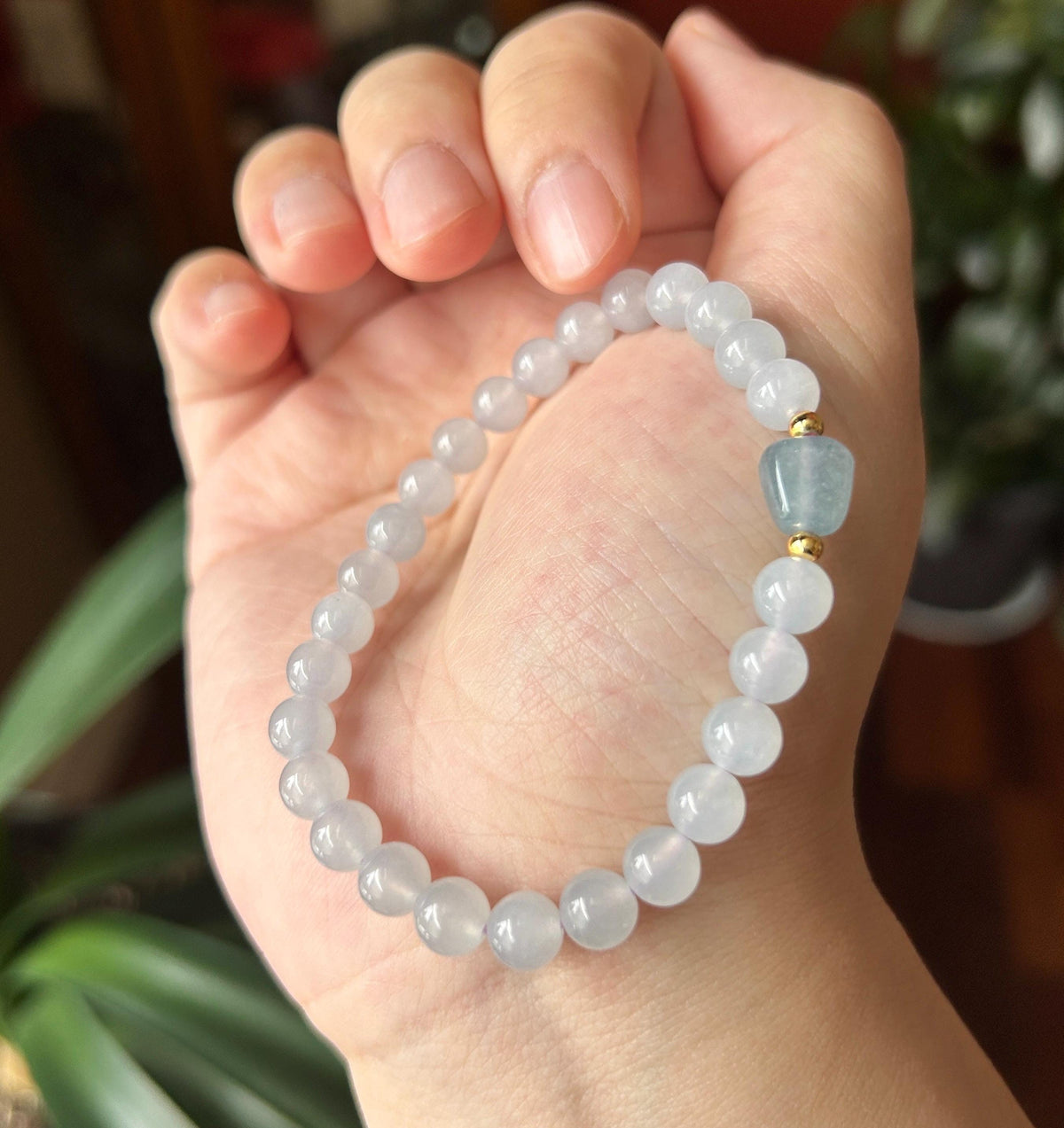 Natural Burmese Jadeite Bracelet Type A, Highly Translucent Icy Pale Blue Lavender Jade, 6.7mm Beads, Blueberry Color Freeform Focal Bead