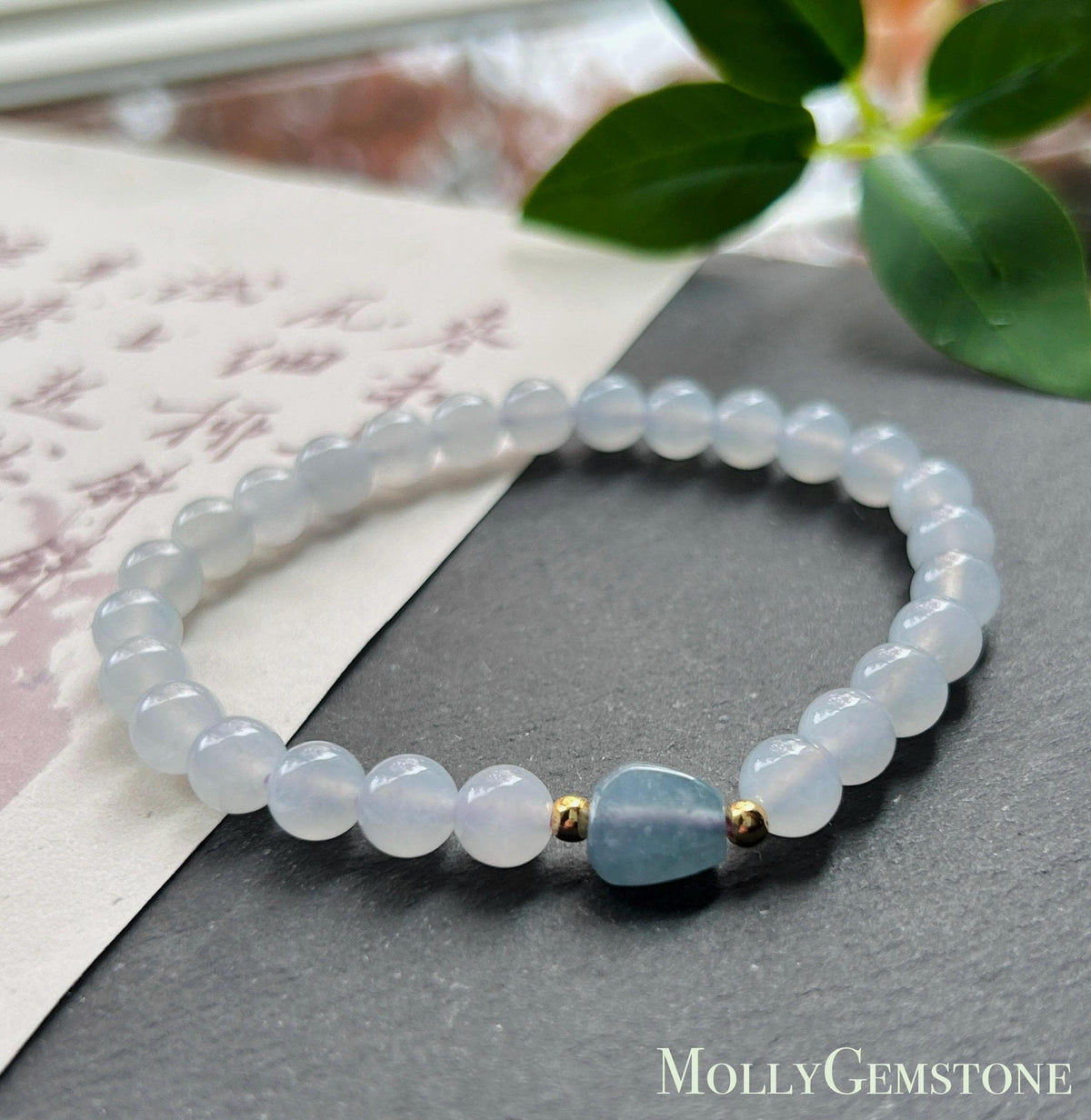 Natural Burmese Jadeite Bracelet Type A, Highly Translucent Icy Pale Blue Lavender Jade, 6.7mm Beads, Blueberry Color Freeform Focal Bead