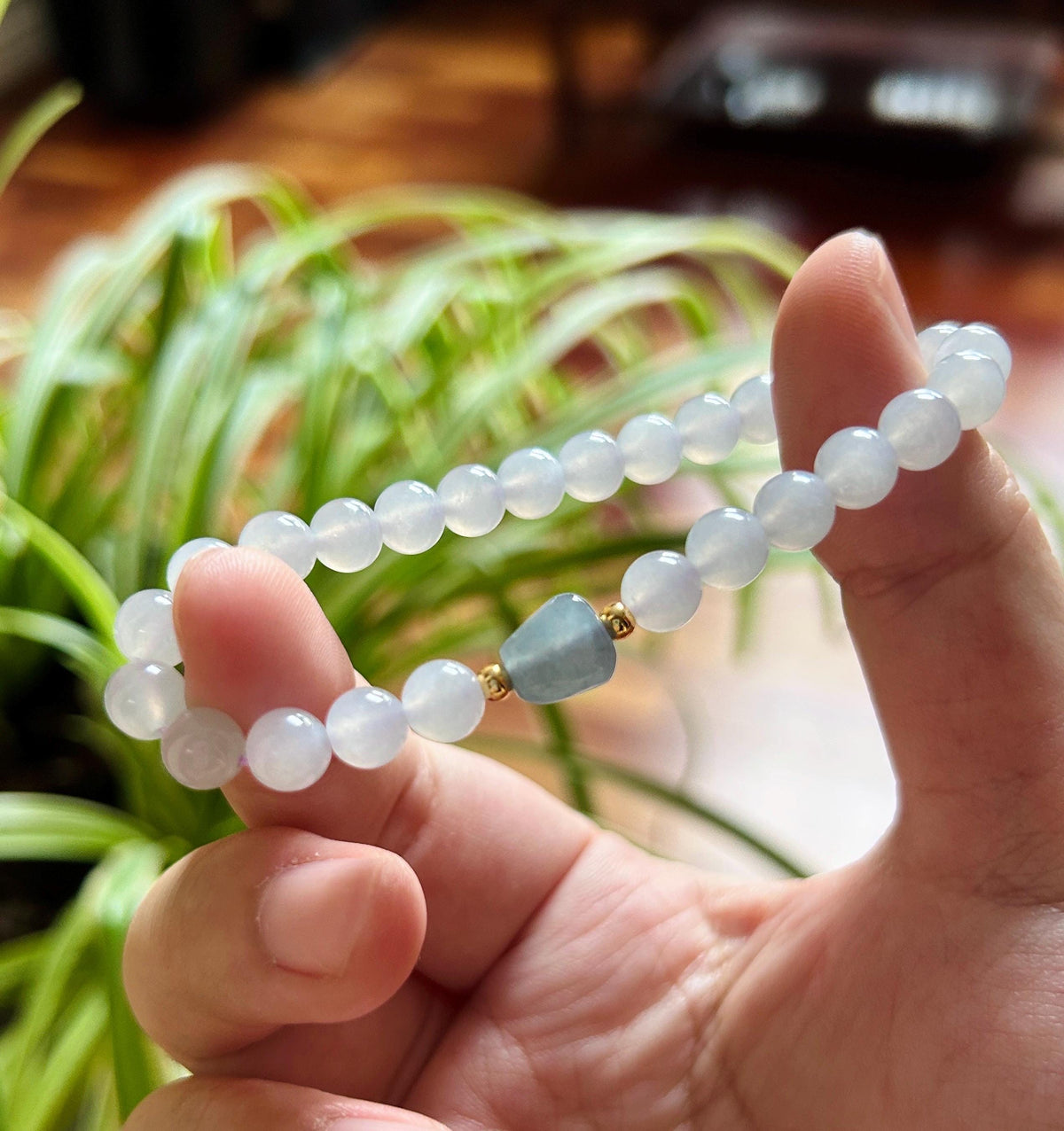 Natural Burmese Jadeite Bracelet Type A, Highly Translucent Icy Pale Blue Lavender Jade, 6.7mm Beads, Blueberry Color Freeform Focal Bead