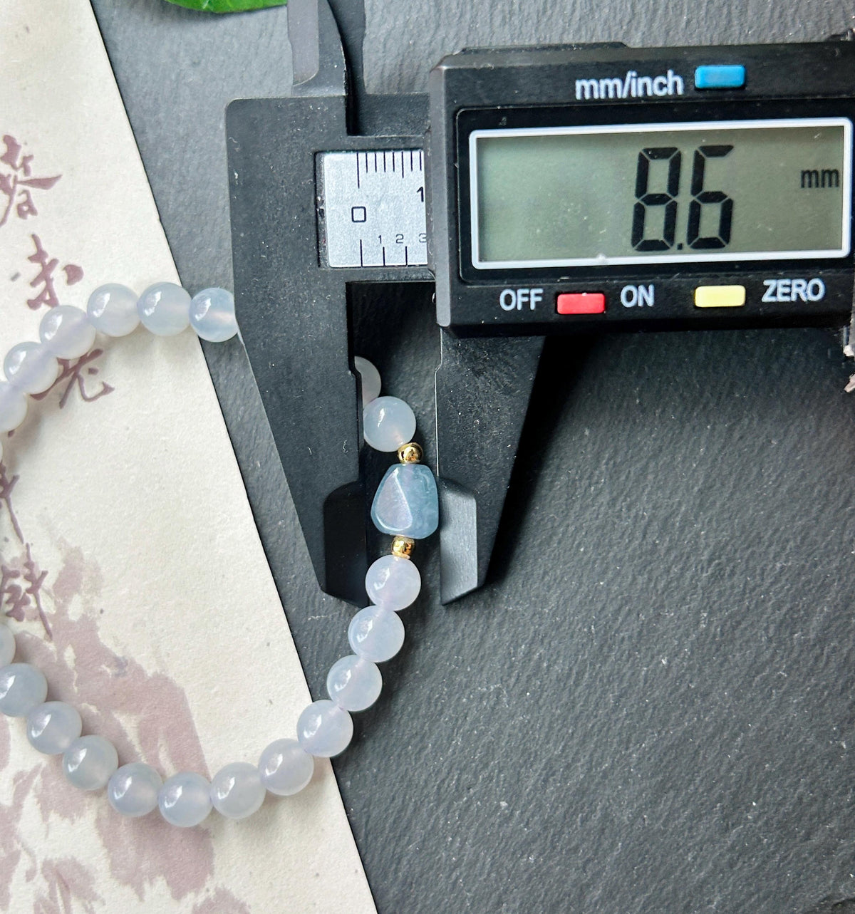 Natural Burmese Jadeite Bracelet Type A, Highly Translucent Icy Pale Blue Lavender Jade, 6.7mm Beads, Blueberry Color Freeform Focal Bead