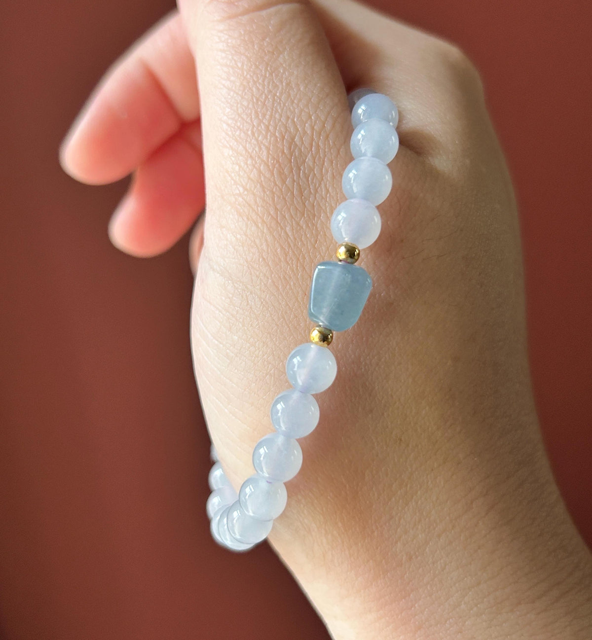 Natural Burmese Jadeite Bracelet Type A, Highly Translucent Icy Pale Blue Lavender Jade, 6.7mm Beads, Blueberry Color Freeform Focal Bead