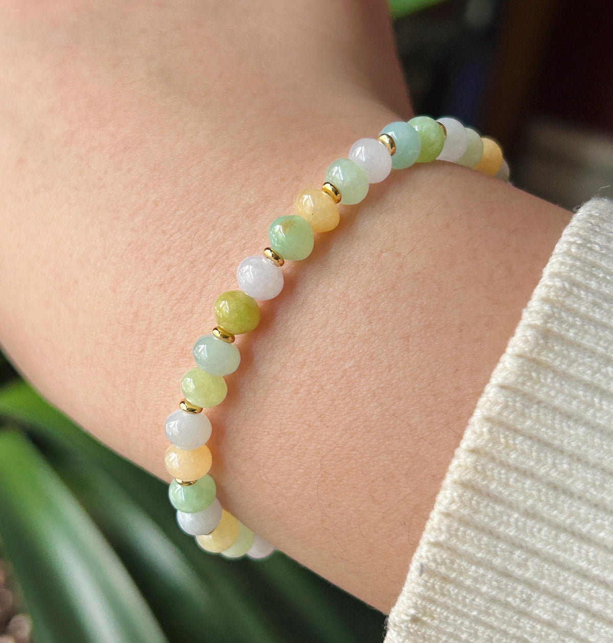 Natural Burmese Jadeite Bracelet Type A, Translucent Icy Pastel Multicolor Jade, 6mm Rondelle Beads, Money Bag Charm