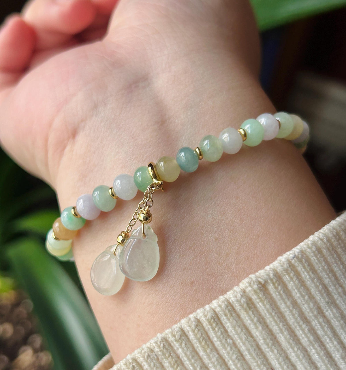 Natural Burmese Jadeite Bracelet Type A, Translucent Icy Pastel Multicolor Jade, 6mm Rondelle Beads, Money Bag Charm