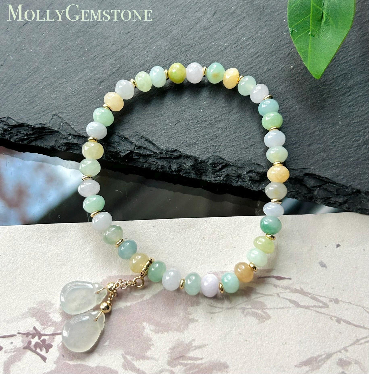 Natural Burmese Jadeite Bracelet Type A, Translucent Icy Pastel Multicolor Jade, 6mm Rondelle Beads, Money Bag Charm