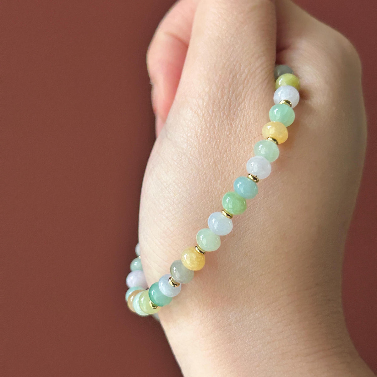 Natural Burmese Jadeite Bracelet Type A, Translucent Icy Pastel Multicolor Jade, 6mm Rondelle Beads, Money Bag Charm