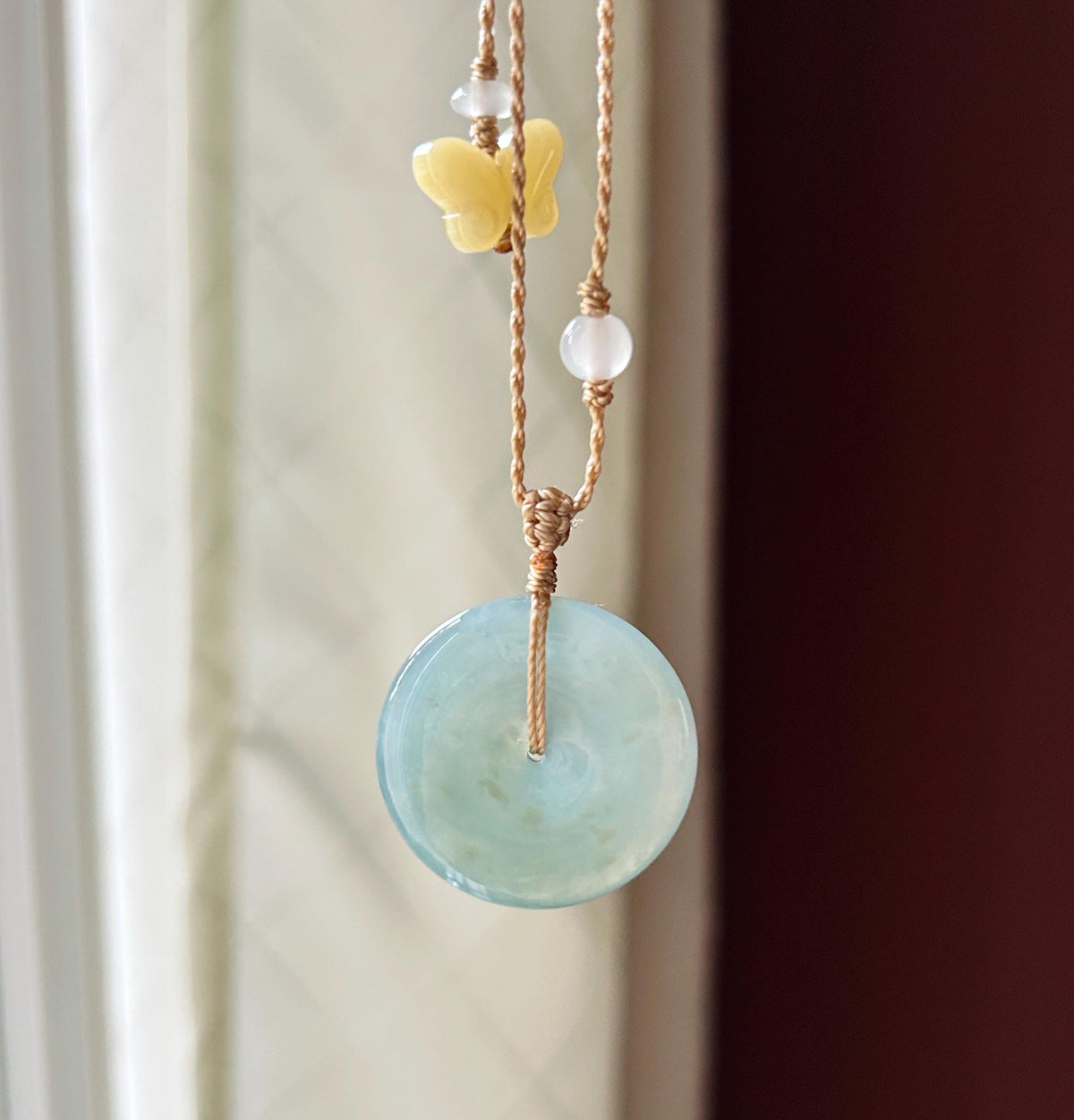 Certified Natural Jadeite Donut Pendant Handwoven Adjustable Necklace Burmese Type A Icy Translucent Bluish Green Jade 30.5 x 5.8mm