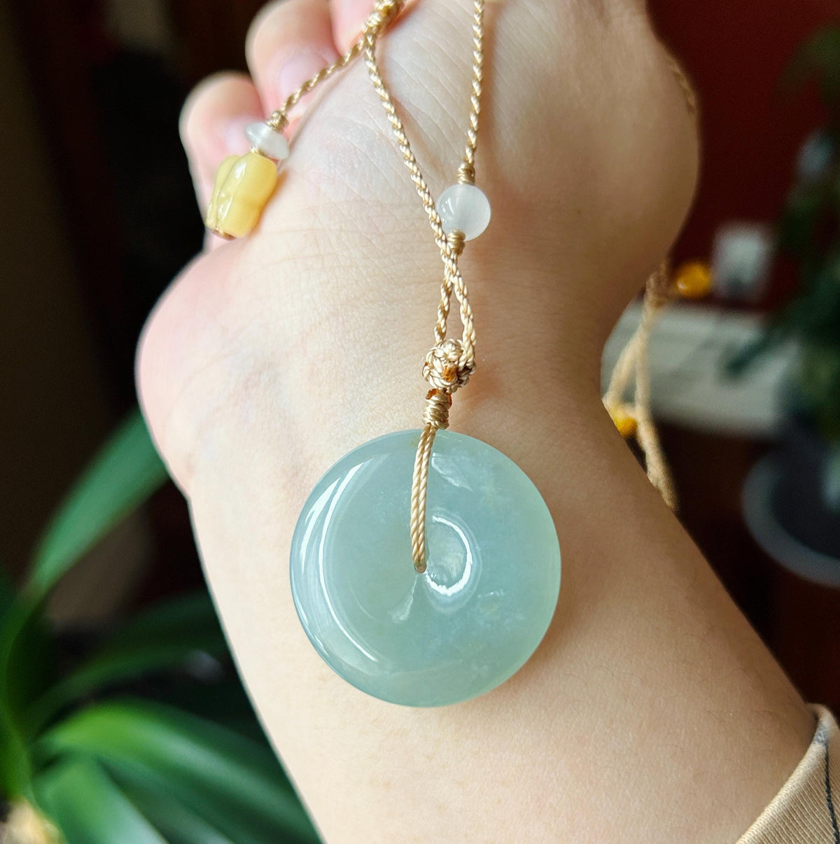 Certified Natural Jadeite Donut Pendant Handwoven Adjustable Necklace Burmese Type A Icy Translucent Bluish Green Jade 30.5 x 5.8mm