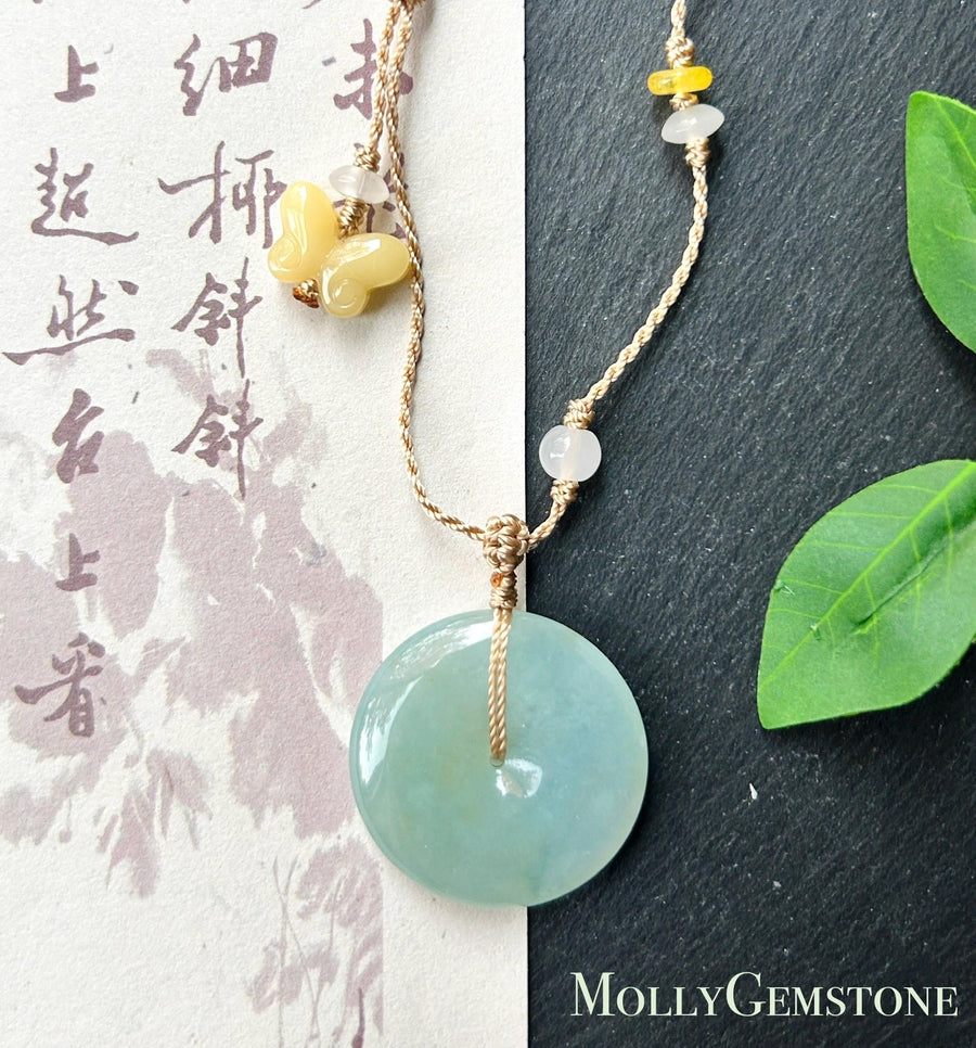 Certified Natural Jadeite Donut Pendant Handwoven Adjustable Necklace Burmese Type A Icy Translucent Bluish Green Jade 30.5 x 5.8mm