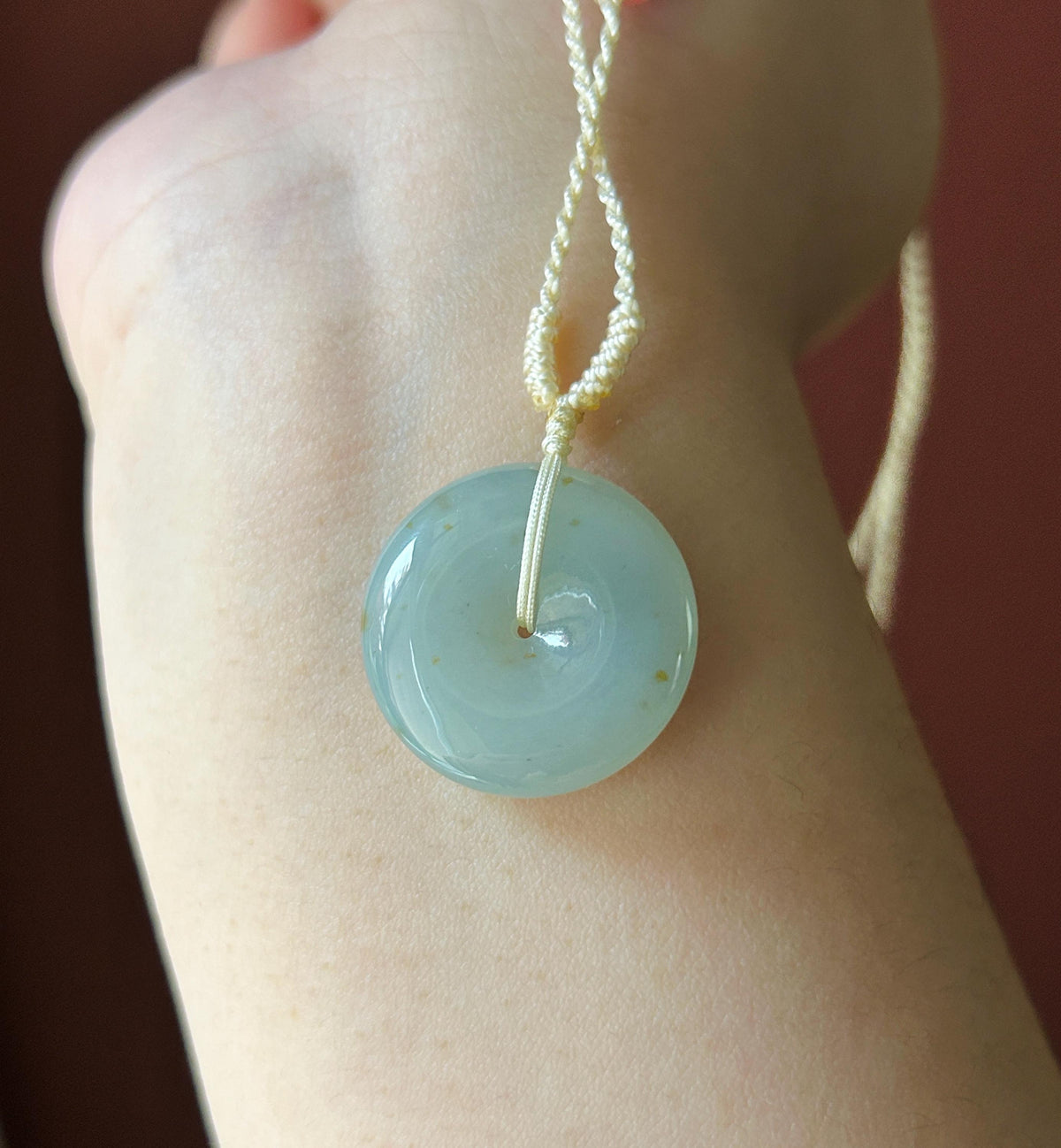 Certified Natural Jadeite Donut Pendant Burmese Type A Icy Translucent Misty Blue & Autumn Yellow Floral Jade, 23.5 x 6.5mm