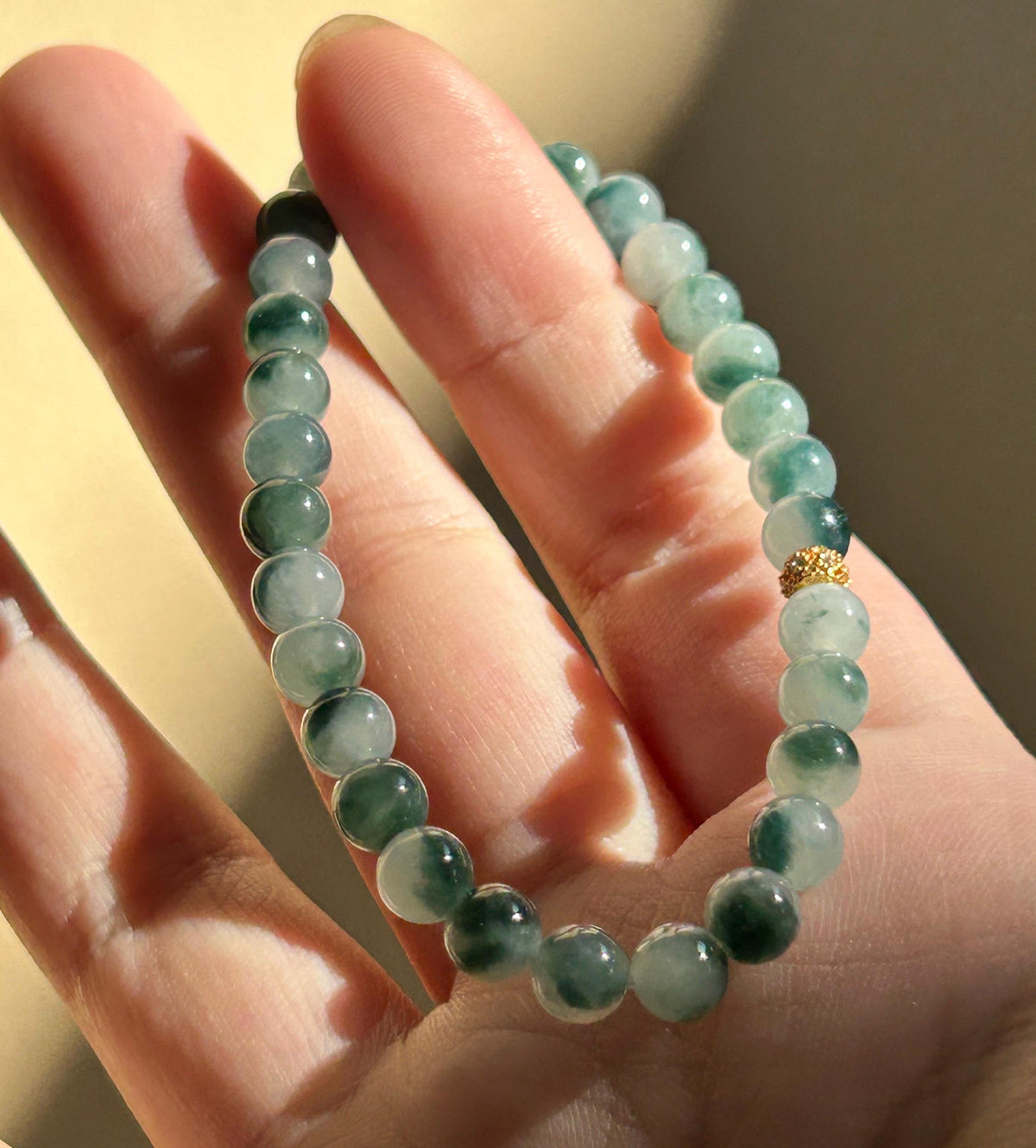 Certified Natural Jadeite Beaded Bracelet, Burmese Type A Highly Translucent Icy Blue Green Floral Jade, 6mm