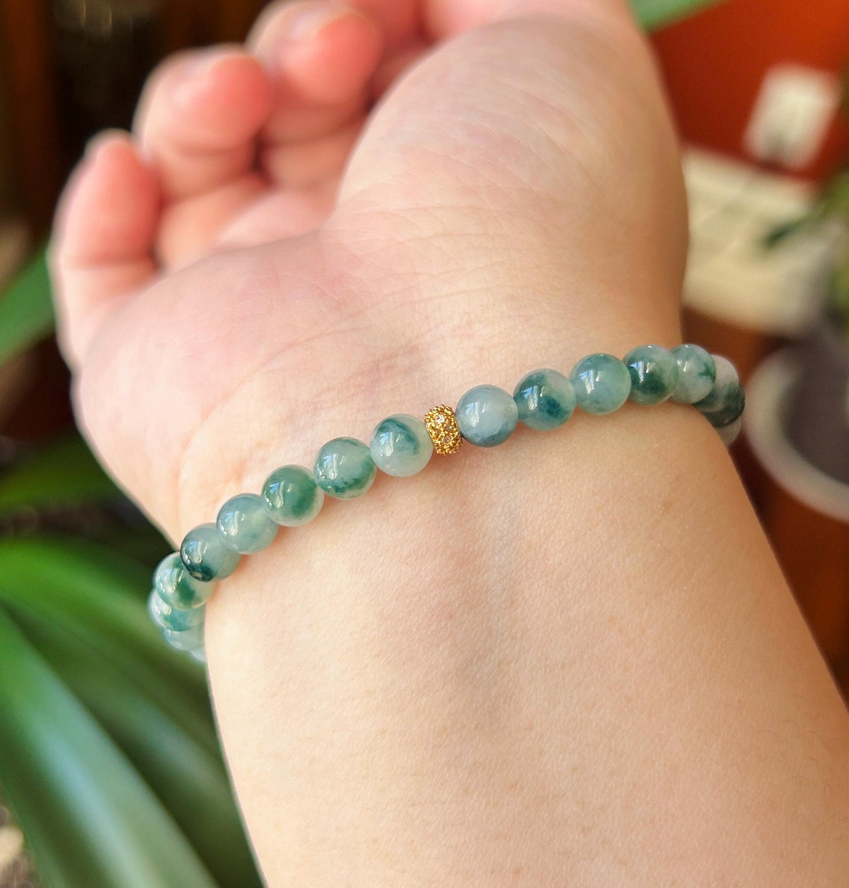 Certified Natural Jadeite Beaded Bracelet, Burmese Type A Highly Translucent Icy Blue Green Floral Jade, 6mm