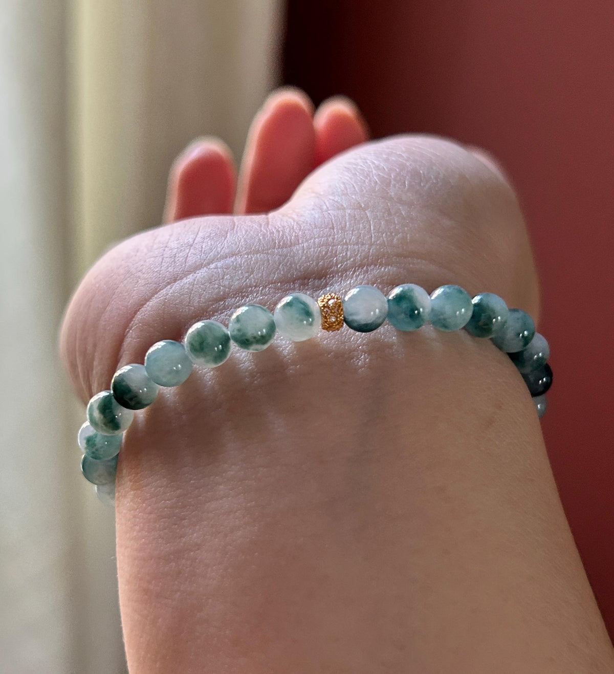 Certified Natural Jadeite Beaded Bracelet, Burmese Type A Highly Translucent Icy Blue Green Floral Jade, 6mm