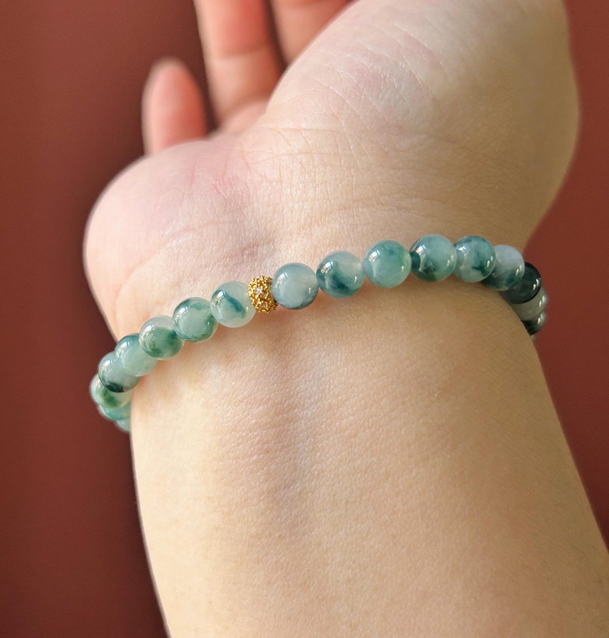 Certified Natural Jadeite Beaded Bracelet, Burmese Type A Highly Translucent Icy Blue Green Floral Jade, 6mm