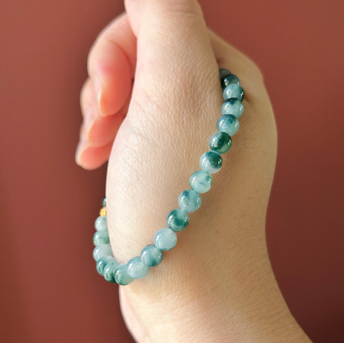 Certified Natural Jadeite Beaded Bracelet, Burmese Type A Highly Translucent Icy Blue Green Floral Jade, 6mm
