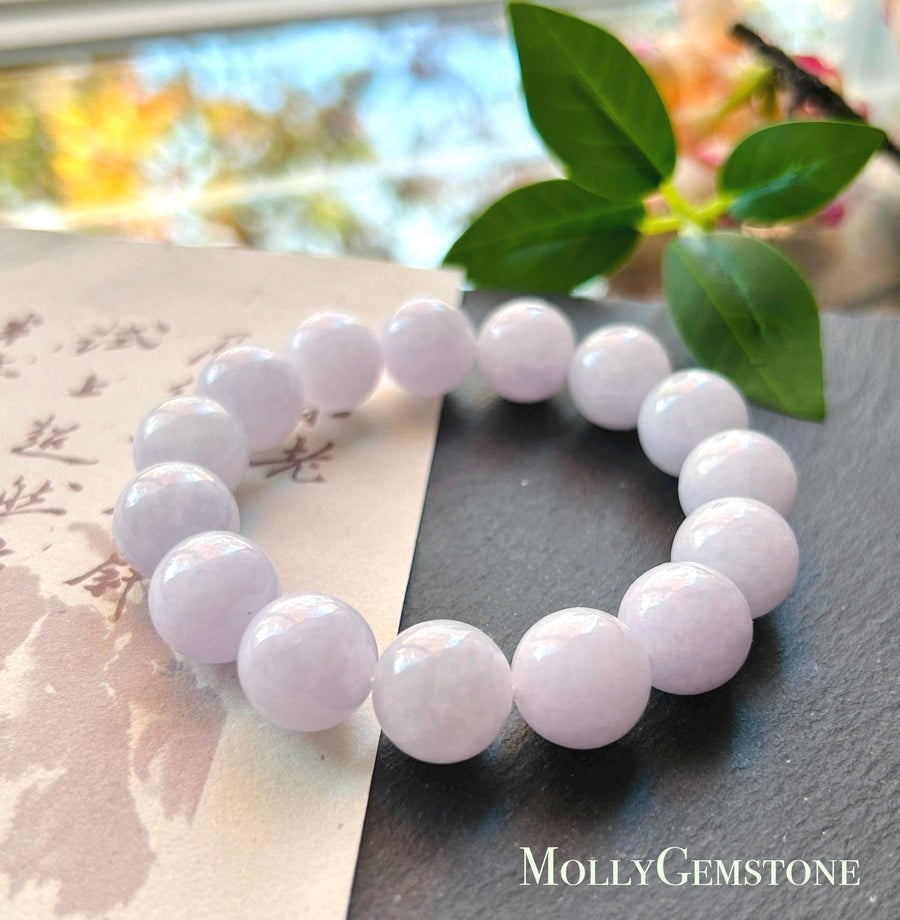 Certified Natural Jadeite Beaded Bracelet Burmese Type A Translucent Fine Glutinous Icy Pinkish Lavender Jade 13mm BIG Beads