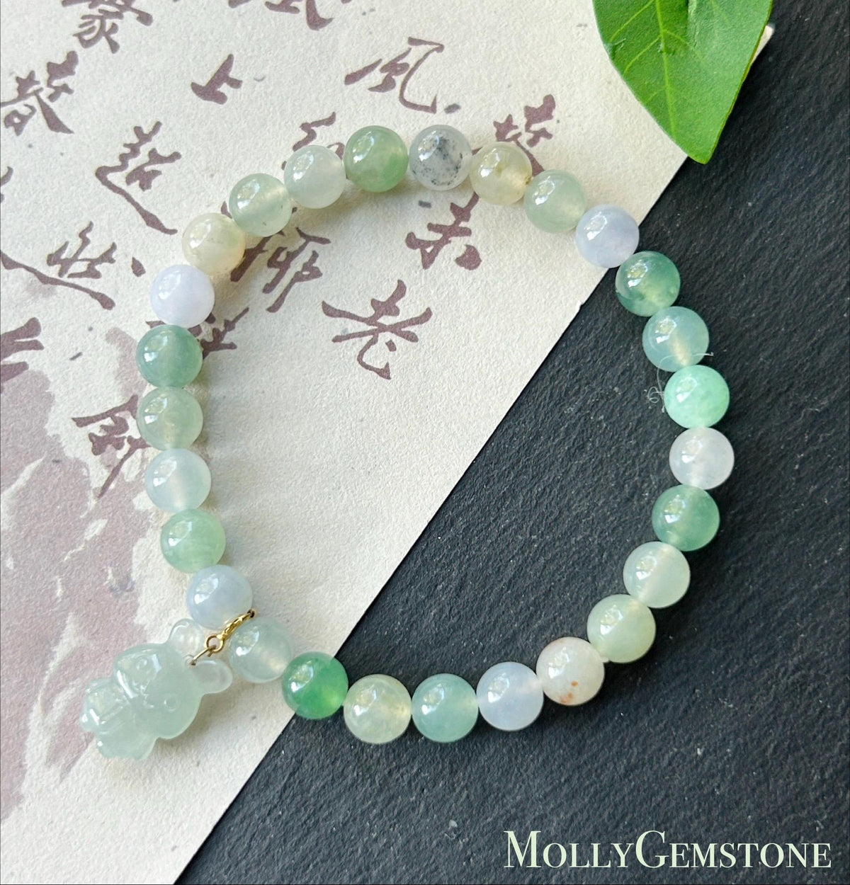 Natural Jadeite Beaded Bracelet Burmese Type A Highly Translucent Icy Macaron Multicolor Jade 6.7mm Minimalist Jewelry Bunny Charm