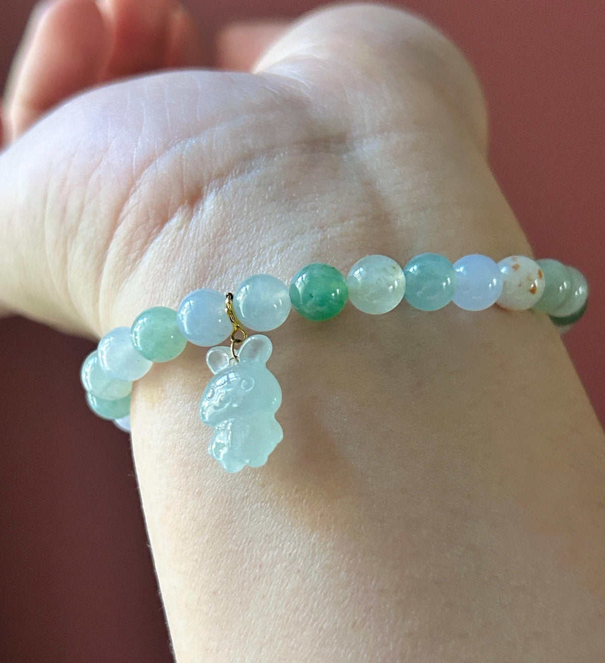 Natural Jadeite Beaded Bracelet Burmese Type A Highly Translucent Icy Macaron Multicolor Jade 6.7mm Minimalist Jewelry Bunny Charm