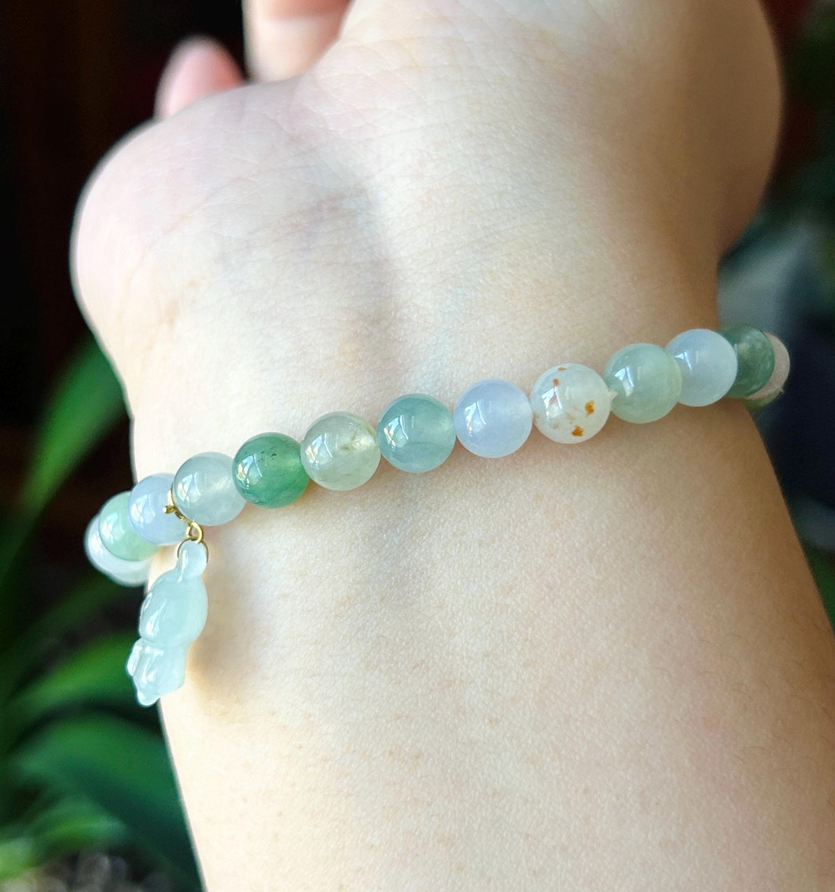 Natural Jadeite Beaded Bracelet Burmese Type A Highly Translucent Icy Macaron Multicolor Jade 6.7mm Minimalist Jewelry Bunny Charm