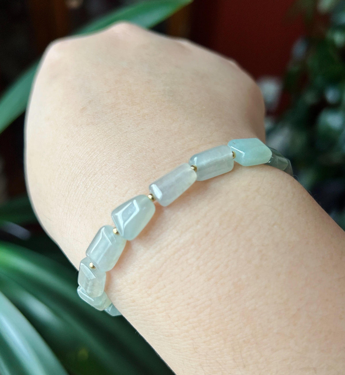 Natural Jadeite Beaded Bracelet Burmese Type A Translucent Icy Gradient Blue-Green Jade 8.5 x 5mm Minimalist Jewelry Freeform Beads