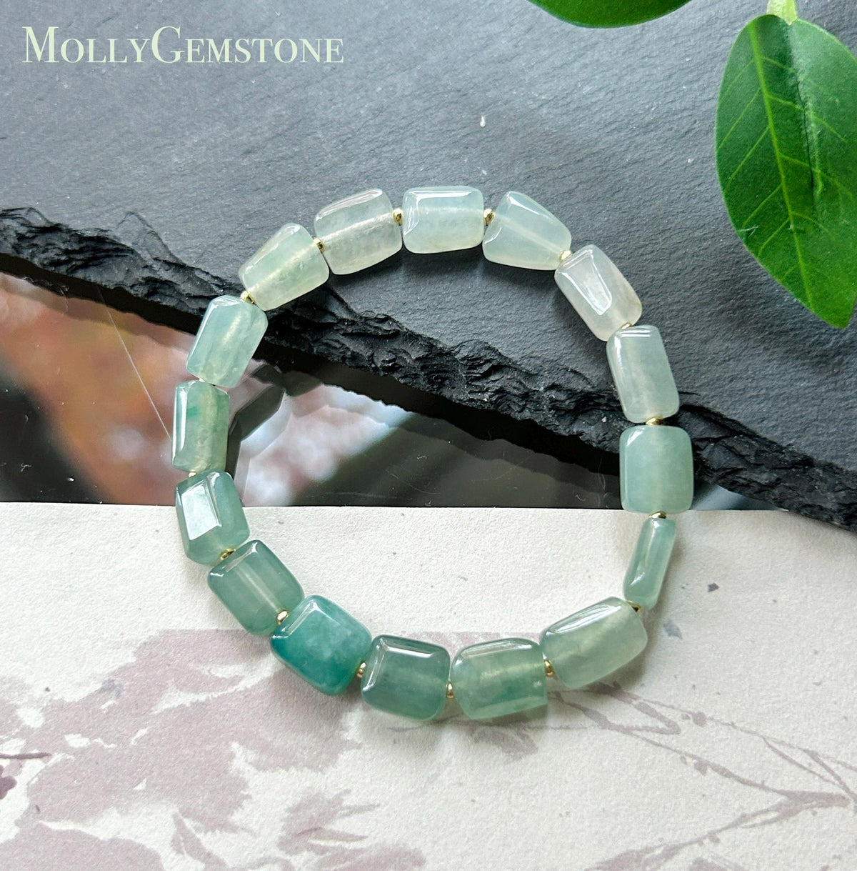 Natural Jadeite Beaded Bracelet Burmese Type A Translucent Icy Gradient Blue-Green Jade 8.5 x 5mm Minimalist Jewelry Freeform Beads