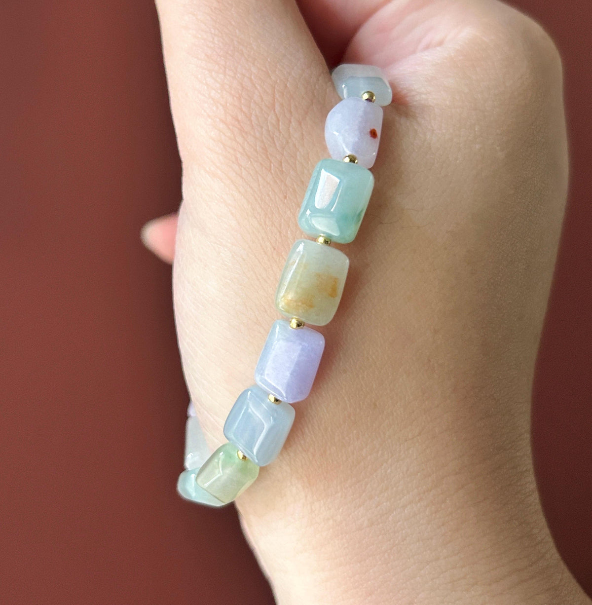 Natural Jadeite Beaded Bracelet Burmese Type A Translucent Icy Macaron Multicolor Jade 8.5 x 5mm Minimalist Jewelry Freeform Beads