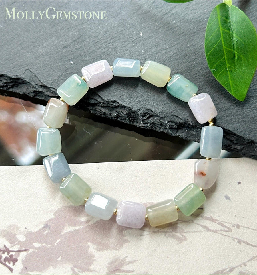 Natural Jadeite Beaded Bracelet Burmese Type A Translucent Icy Macaron Multicolor Jade 8.6 x 5mm Minimalist Jewelry Freeform Beads