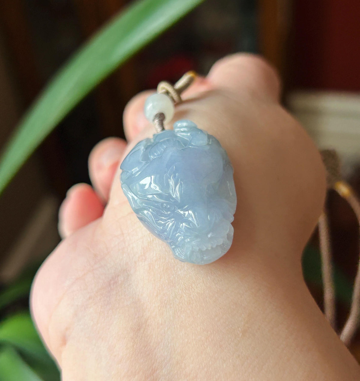 Natural Jadeite Dragon Head Pendant Adjustable Handwoven Necklace | Burmese Type A Translucent Icy Bluish Lavender Jade | Protection Amulet