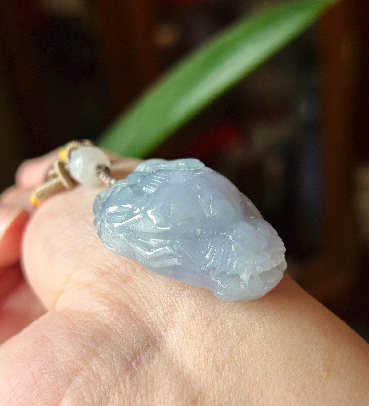 Natural Jadeite Dragon Head Pendant Adjustable Handwoven Necklace | Burmese Type A Translucent Icy Bluish Lavender Jade | Protection Amulet
