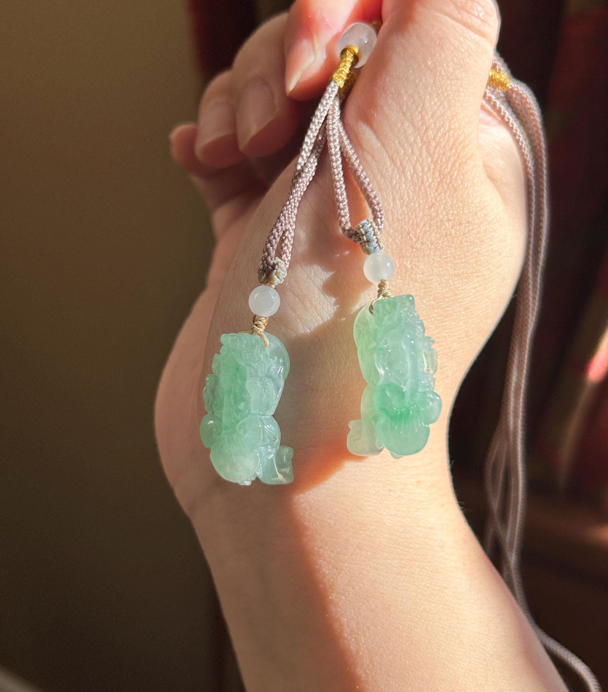 Certified Natural Jadeite Pixiu Pair Pendant Adjustable Cord | Burmese Type A Translucent Icy Vivid Apple Green Jade | Protection Amulet