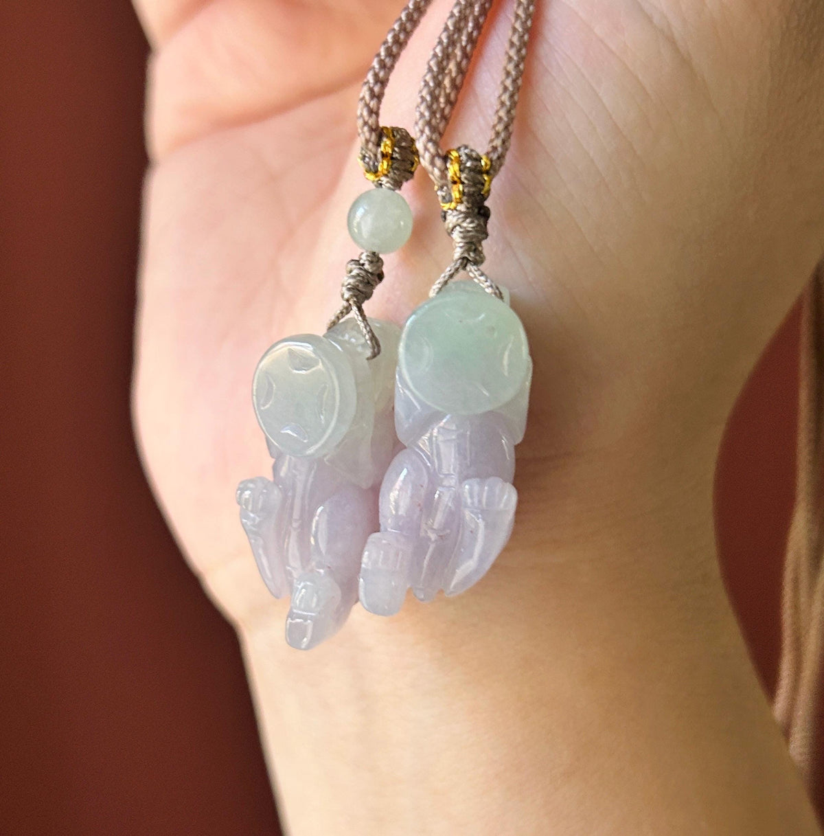 Certified Natural Jadeite Pixiu Pair Pendant Adjustable Cord | Burmese Type A Translucent Icy Lavender & Apple Green Jade Protection Amulet