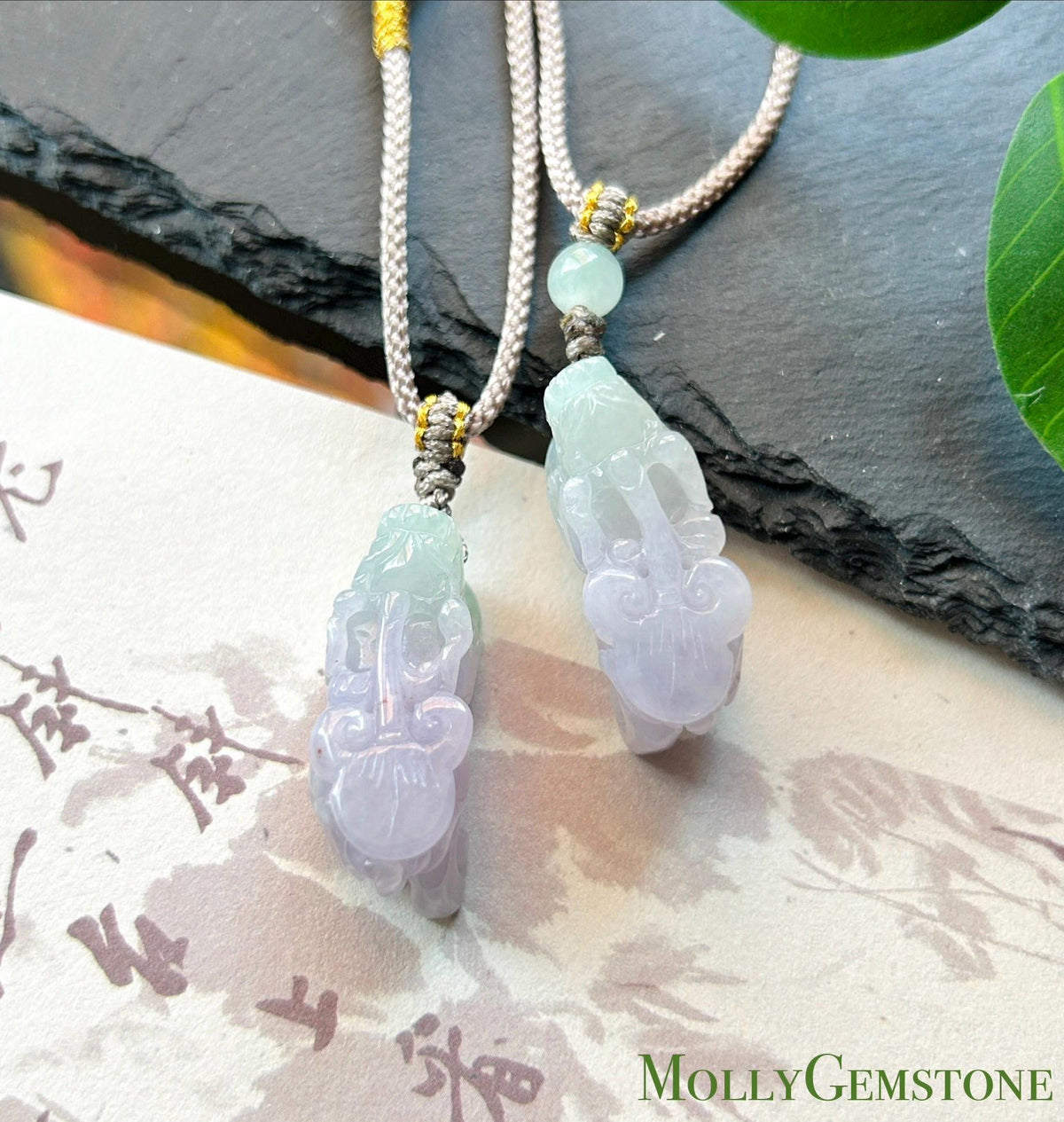 Certified Natural Jadeite Pixiu Pair Pendant Adjustable Cord | Burmese Type A Translucent Icy Lavender & Apple Green Jade Protection Amulet
