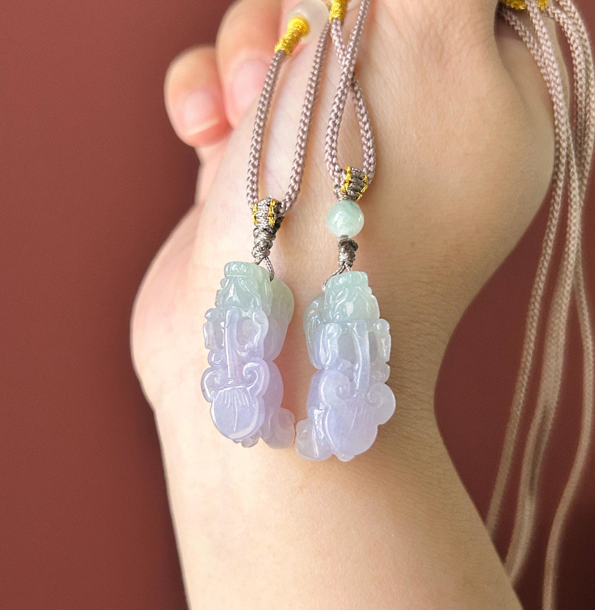 Certified Natural Jadeite Pixiu Pair Pendant Adjustable Cord | Burmese Type A Translucent Icy Lavender & Apple Green Jade Protection Amulet