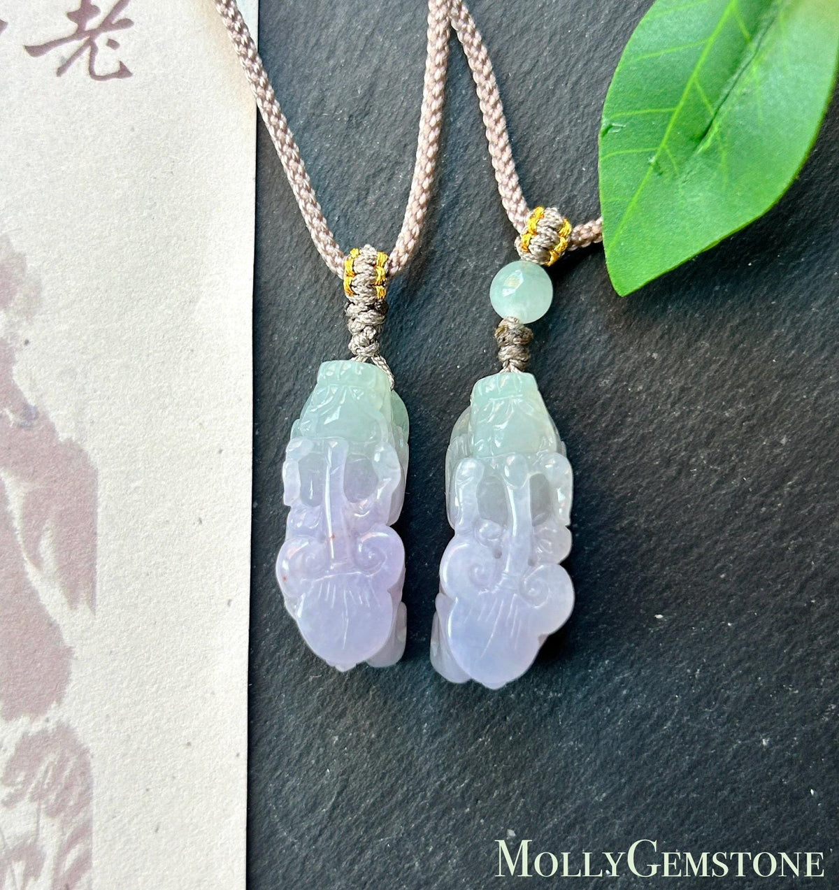 Certified Natural Jadeite Pixiu Pair Pendant Adjustable Cord | Burmese Type A Translucent Icy Lavender & Apple Green Jade Protection Amulet