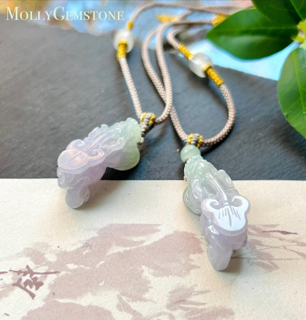 Certified Natural Jadeite Pixiu Pair Pendant Adjustable Cord | Burmese Type A Translucent Icy Lavender & Apple Green Jade Protection Amulet