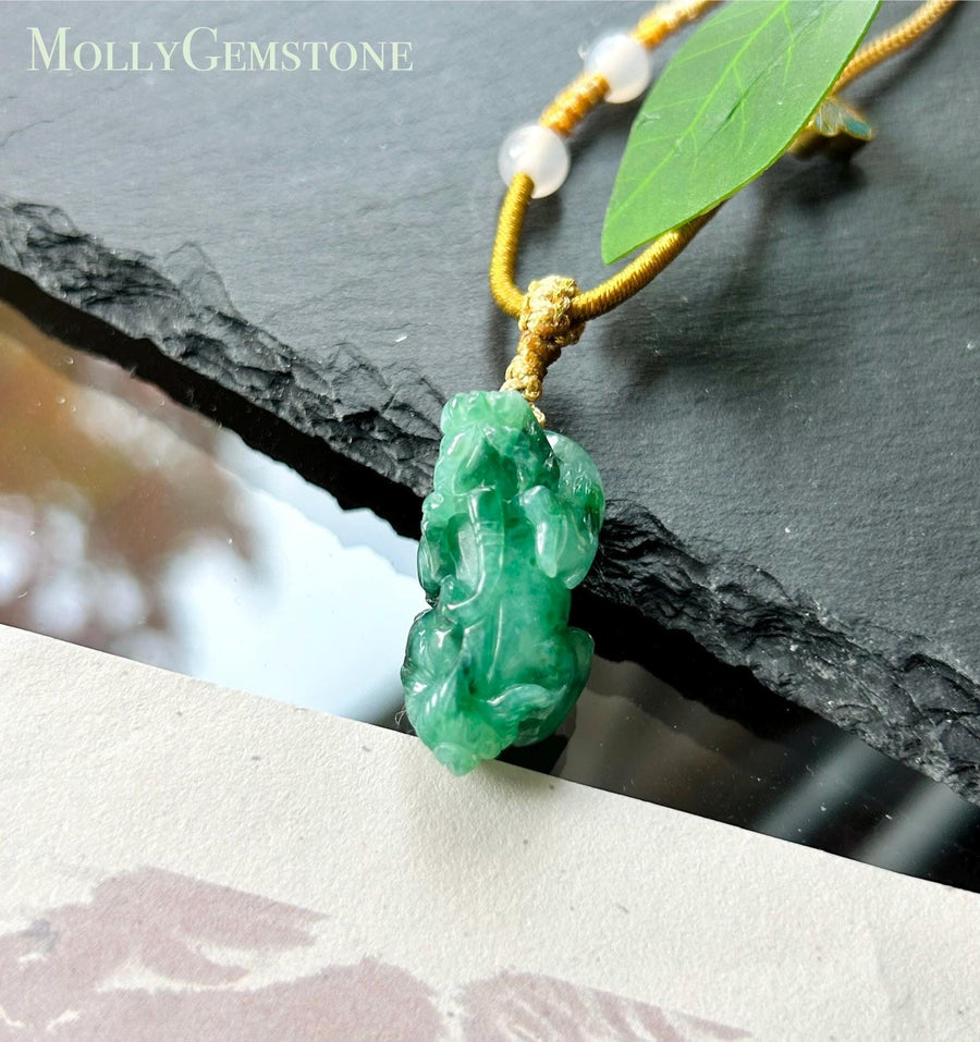 Certified Natural Jadeite Pixiu Pendant Adjustable Cord | Burmese Type A Translucent Icy Vivid Green Jade | Protection Amulet