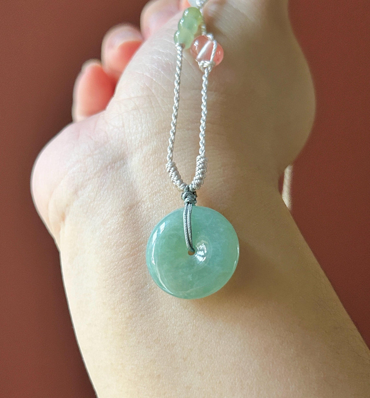 Certified Natural Jadeite Donut Pendant Adjustable Necklace Burmese Type A Icy Bluish Apple Green Jade 20 x 4.8mm