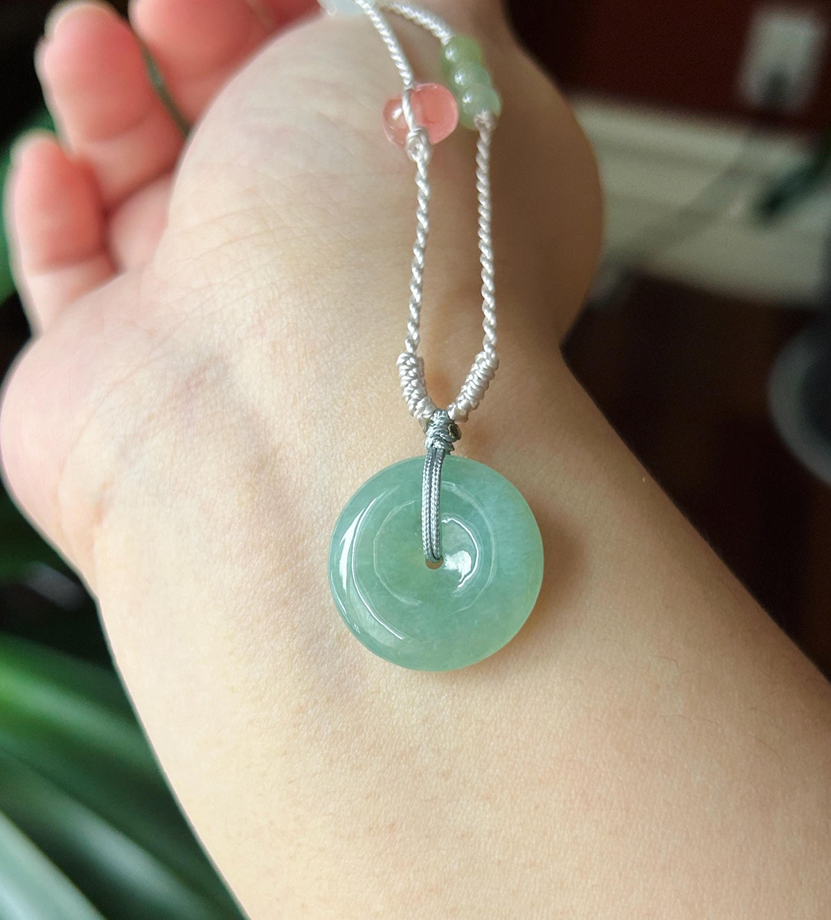 Certified Natural Jadeite Donut Pendant Adjustable Necklace Burmese Type A Icy Bluish Apple Green Jade 20 x 4.8mm