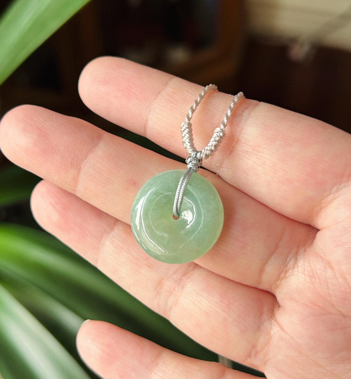 Certified Natural Jadeite Donut Pendant Adjustable Necklace Burmese Type A Icy Bluish Apple Green Jade 20 x 4.8mm