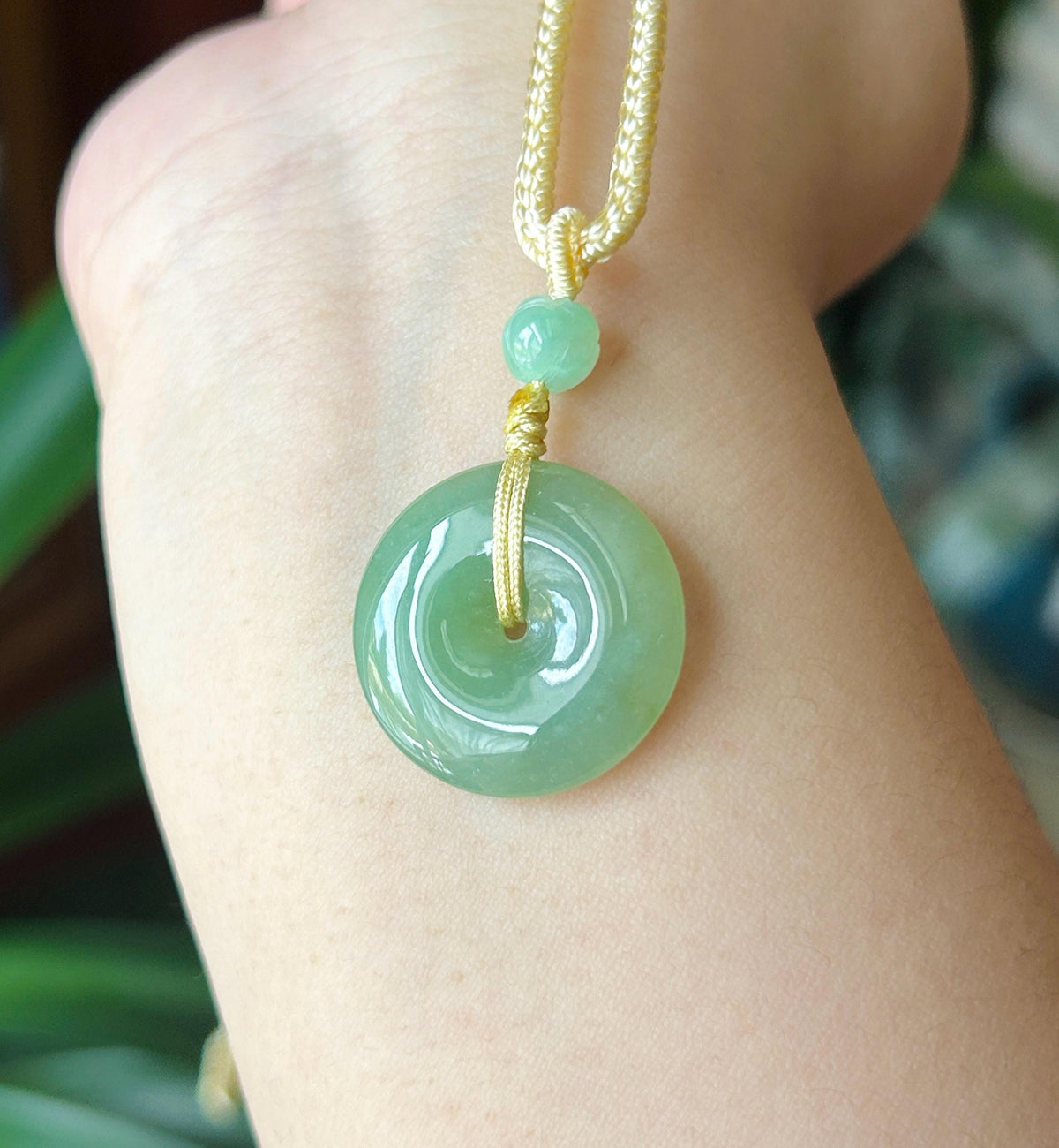 Natural Jadeite Donut Pendant Adjustable Necklace Burmese Type A Translucent Fine Glutinous Icy Yellowish Green Jade 23.5 x 5.1mm