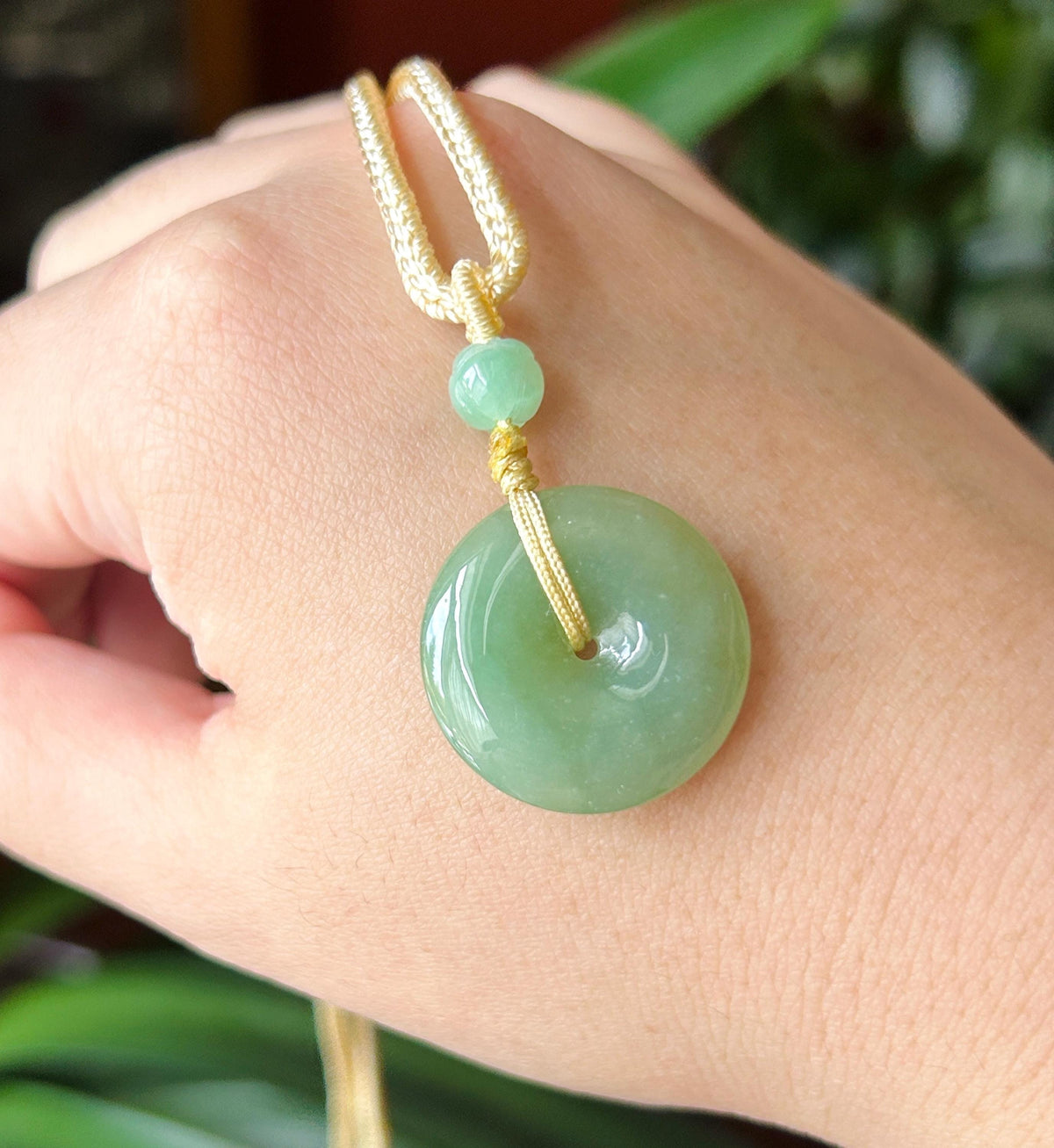 Natural Jadeite Donut Pendant Adjustable Necklace Burmese Type A Translucent Fine Glutinous Icy Yellowish Green Jade 23.5 x 5.1mm